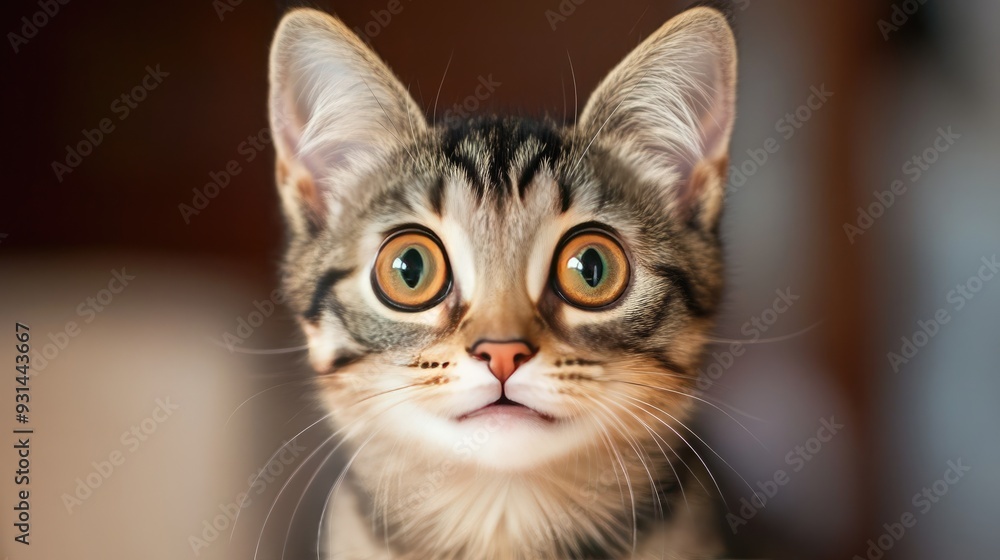 Close up of a tabby cat with wide eyes looking at the camera. Close up of a tabby cat with wide eyes looking at the camera.