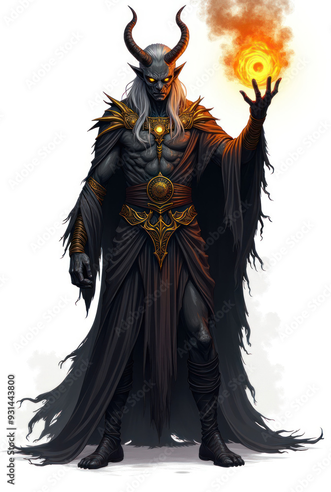 Fototapeta premium Mythical Half-Demon Sorcerer , dark fantasy aesthetic, high-detail illustration, epic fantasy artwork, character concept art, rich color palette, dark and gritty style.