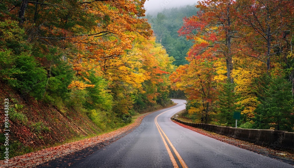 COUNTRY ROAD IN FALL AUTUMN - Dramatic, moody scene of rural highway running through beautiful forest landscape. Orange and green foliage colors. COUNTRY ROAD IN FALL AUTUMN - Dramatic, moody scene of rural highway running through beautiful forest landscape. Orange and green foliage colors.