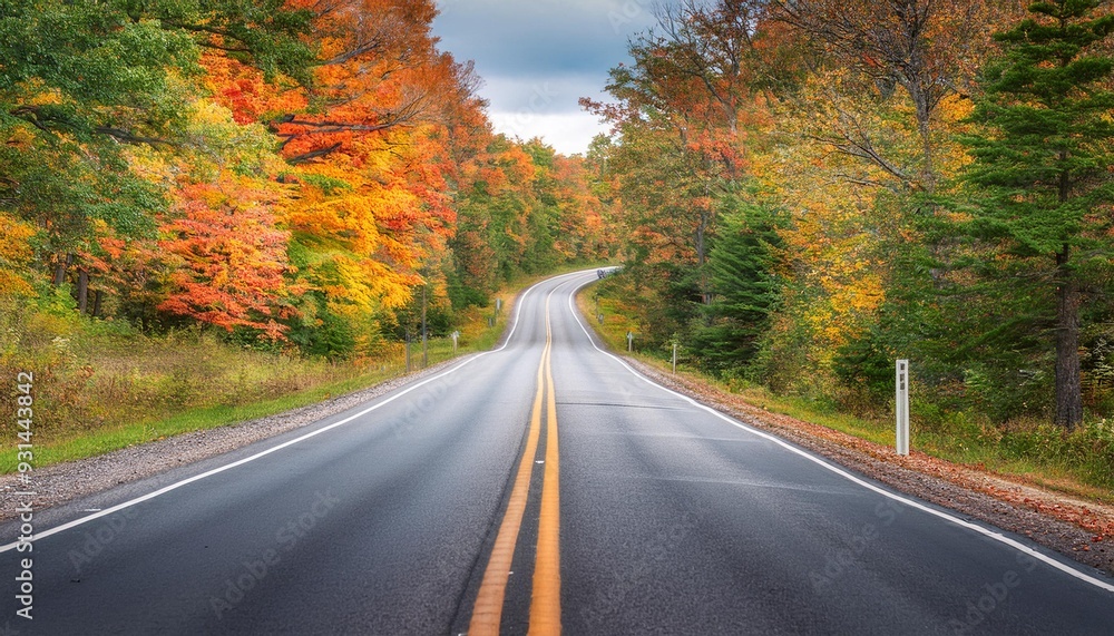 COUNTRY ROAD IN FALL AUTUMN - Dramatic, moody scene of rural highway running through beautiful forest landscape. Orange and green foliage colors. COUNTRY ROAD IN FALL AUTUMN - Dramatic, moody scene of rural highway running through beautiful forest landscape. Orange and green foliage colors.