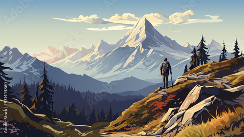 A hiker explores a stunning mountain range under a bright sky, surrounded by nature's beauty. Man hiking in majestic mountain landscape, flat vector illustration.