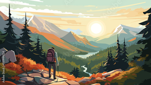 A man enjoys a rewarding hike in the mountains, surrounded by autumn colors, as the sun sets. A man hiking through scenic mountains during a vibrant sunset in autumn, vector illustration.
