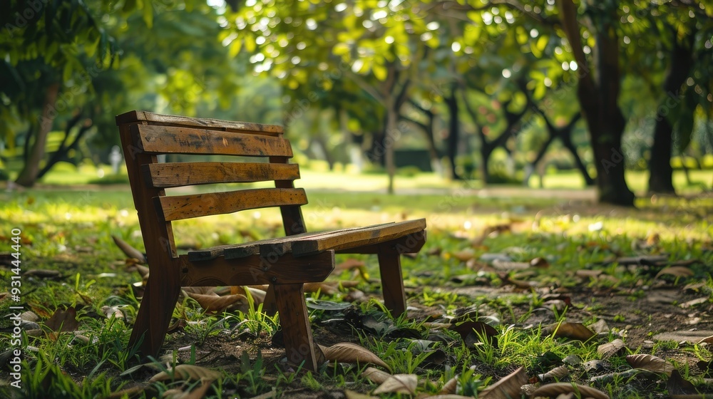 Wooden chair in park with wood pattern and horizontal lines Wooden chair in park with wood pattern and horizontal lines