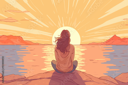 Young woman sitting on rocks, relaxing and enjoying the romantic sunset view, vector illustration.