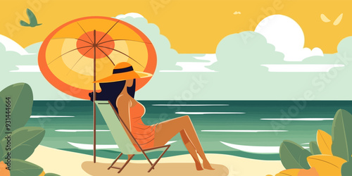 A woman with a hat sitting in the deck chair on a sunny seacoast with an umbrella, flat style vector illustration.