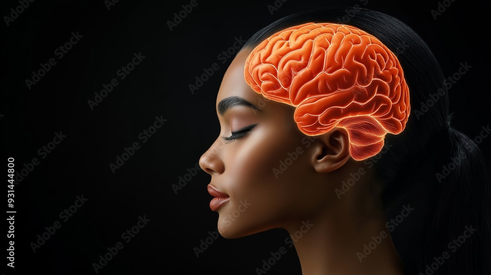 A woman's face is shown with a brain in the center. The brain is orange and glowing, giving the impression of a woman's intelligence. Concept of intelligence and intellect A woman's face is shown with a brain in the center. The brain is orange and glowing, giving the impression of a woman's intelligence. Concept of intelligence and intellect