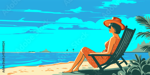 Retro style vector illustration of a lady with hat, sitting in the deck chair on a sandy seashore on a blue sky horizon.