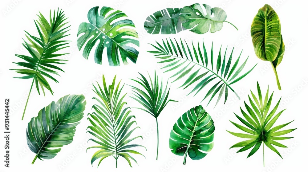 Set of tropical palm leaves. Exotic plants. Palm leaves on isolated white background. Watercolor botanical illustration. Set of tropical palm leaves. Exotic plants. Palm leaves on isolated white background. Watercolor botanical illustration.
