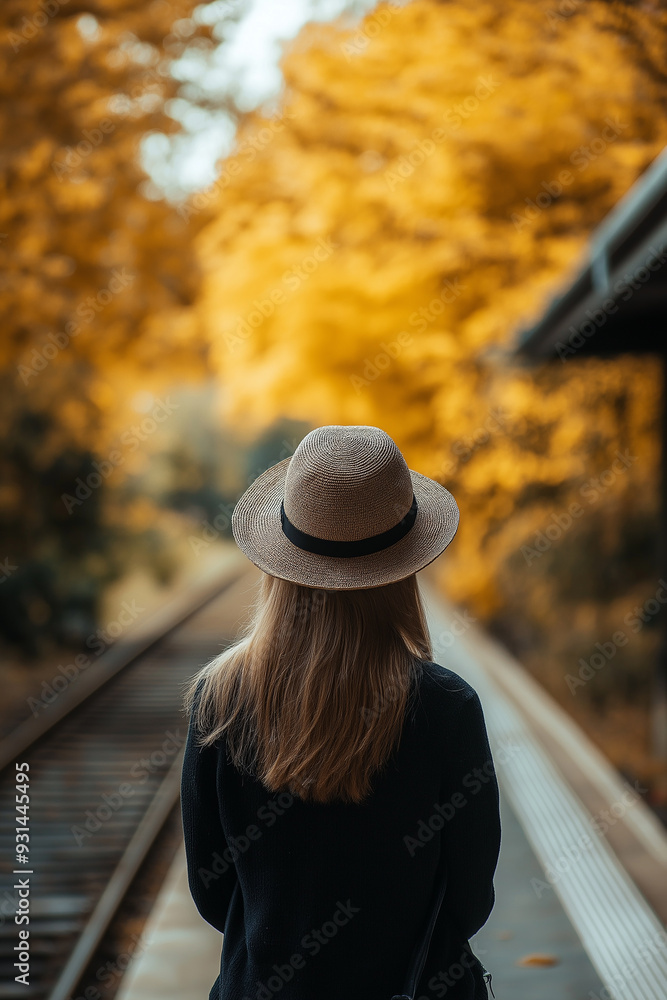 Back view of a woman with a hat standing on a train station platform surrounded by golden autumn trees, concept of solitude, journey, and reflection. Back view of a woman with a hat standing on a train station platform surrounded by golden autumn trees, concept of solitude, journey, and reflection.