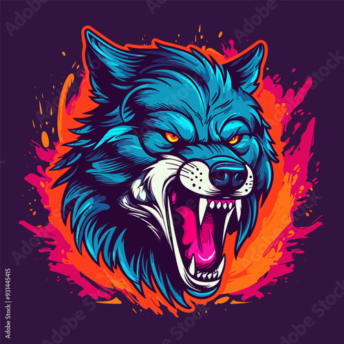 Mad aggressive wolf head colorful brush style vector illustration for t-shirt or poster printing.