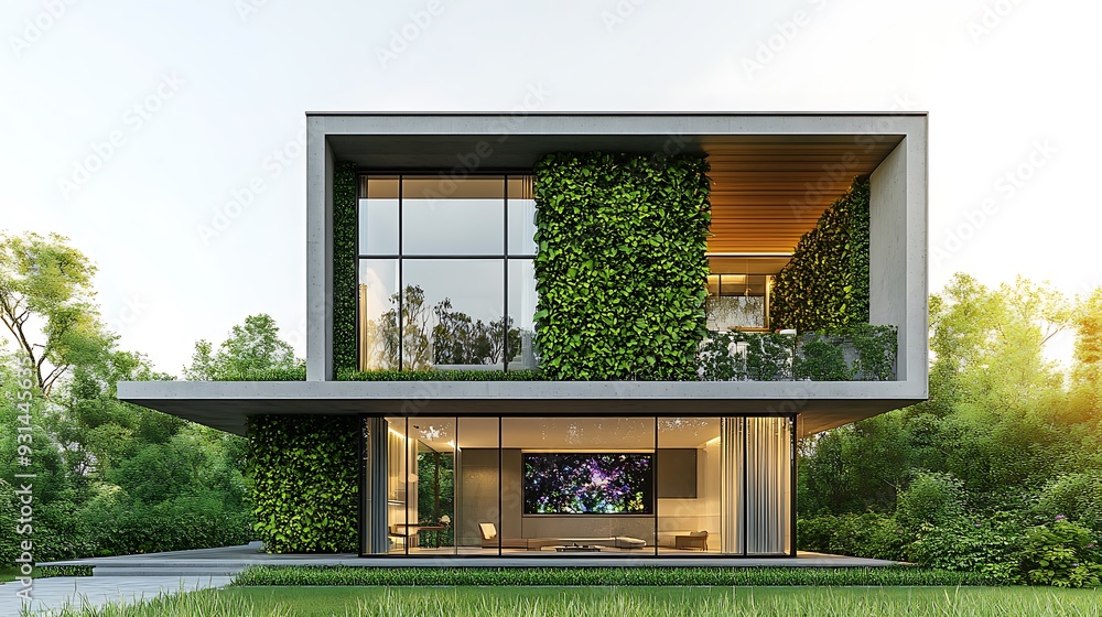 Modern house with green wall and large windows. Modern house with green wall and large windows.