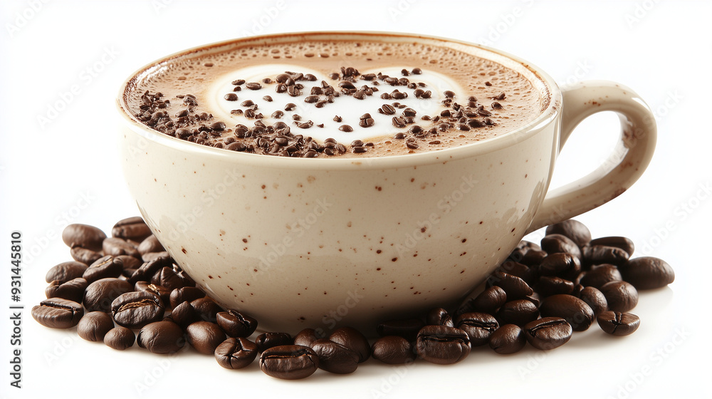 A white coffee cup with a heart design on it and a pile of coffee beans on the table A white coffee cup with a heart design on it and a pile of coffee beans on the table