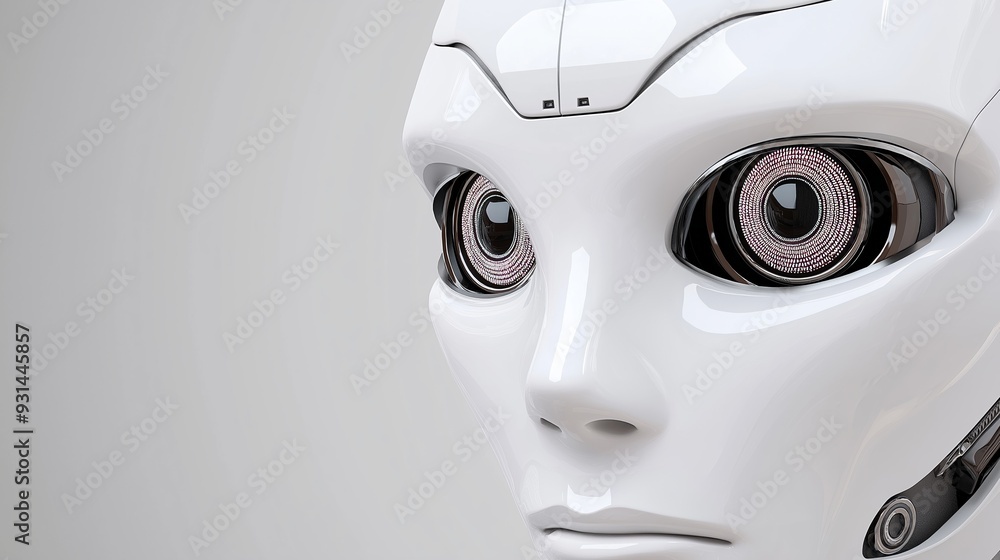 A robot with pink eyes and a white face. The robot is looking at the camera. The robot is made of metal and has a robotic appearance A robot with pink eyes and a white face. The robot is looking at the camera. The robot is made of metal and has a robotic appearance