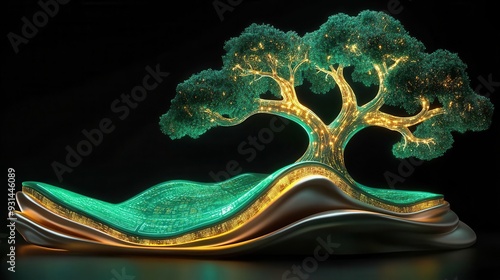 An education system visualized as a branching tree of knowledge, each branch glowing with digital information, Conceptual, Digital Art, Green and gold photo