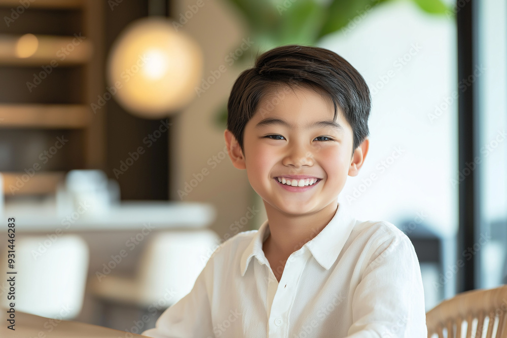 Portrait of a happy Asian boy in a white shirt, sitting at a table with a bright smile in a well-lit modern interior. Portrait of a happy Asian boy in a white shirt, sitting at a table with a bright smile in a well-lit modern interior.