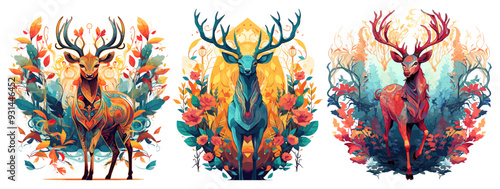 Fantasy deer standing on the colorful flowers background, isolated vector illustration set.