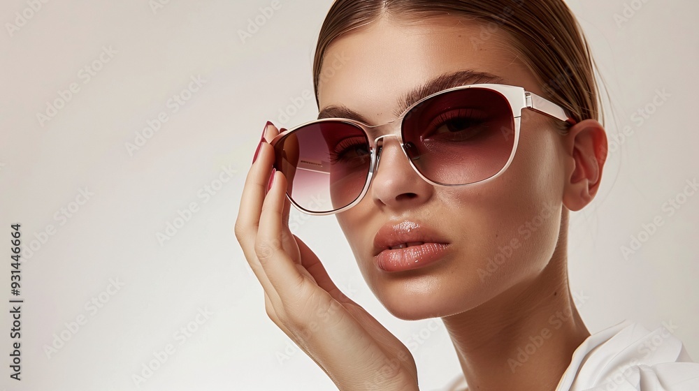 Model holding a stylish pair of sunglasses, depicted in ultra-sharp and clear 3D shading Model holding a stylish pair of sunglasses, depicted in ultra-sharp and clear 3D shading
