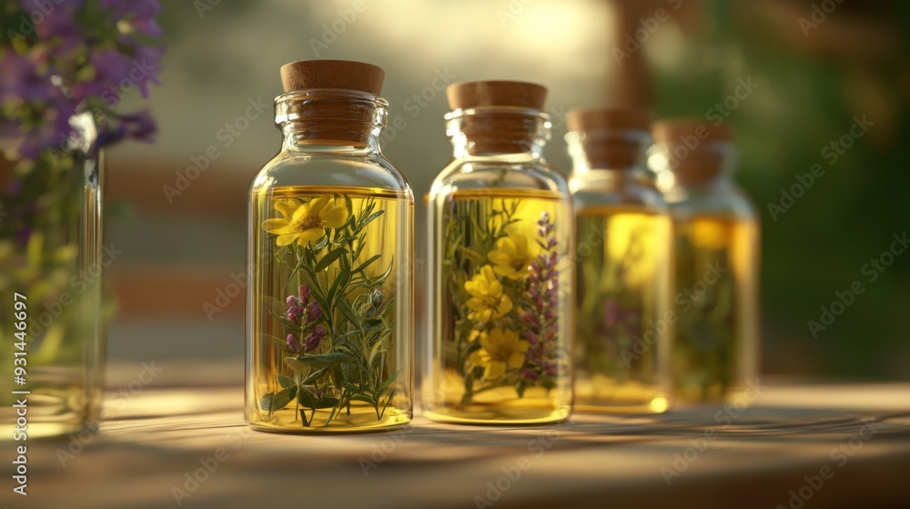 Bottles filled with natural herbs and oils, beautifully arranged on a wooden table in a soft, warm light. Bottles filled with natural herbs and oils, beautifully arranged on a wooden table in a soft, warm light.