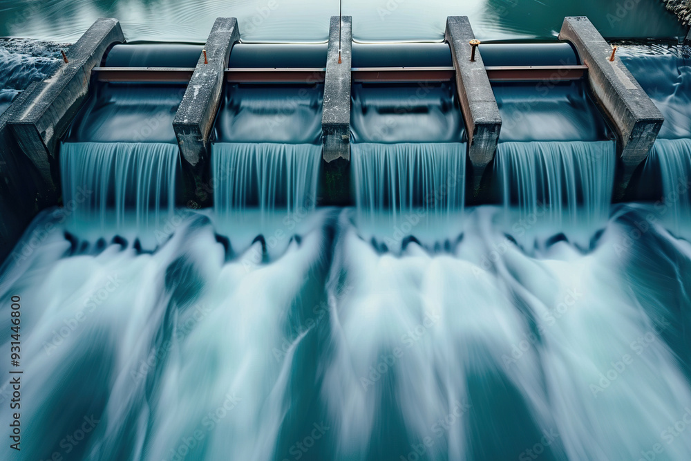 Fototapeta premium Generative ai on theme of hydroelectric power energy plant with large turbines and water spills