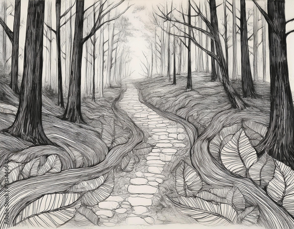 Fototapeta premium Abstract Path Through the Woods Focus on Leaf and Bark Textures in an Artistic, Nature-Inspired Design