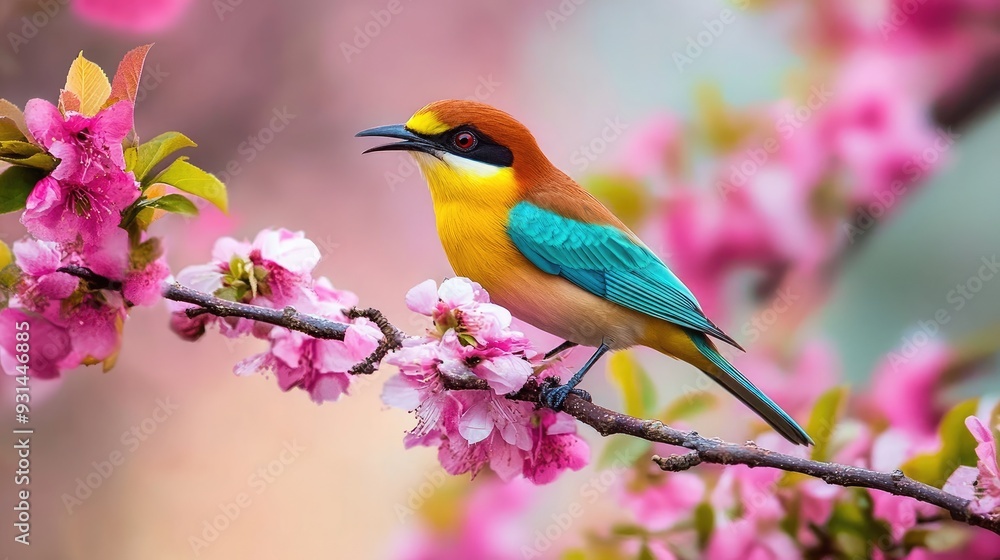 Colorful bird perched on a branch with pink blossoms. Colorful bird perched on a branch with pink blossoms.