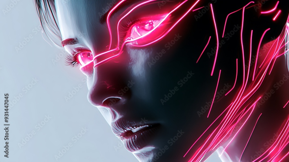 Close-up of a woman's face with pink neon lights around her eyes and mouth. Close-up of a woman's face with pink neon lights around her eyes and mouth.