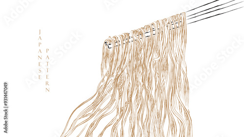 Noodles brush stroke banner with brown and yellow ramen pattern on black background in vintage style. Food abstract art illstration. Hand drawn line in Japanese syle