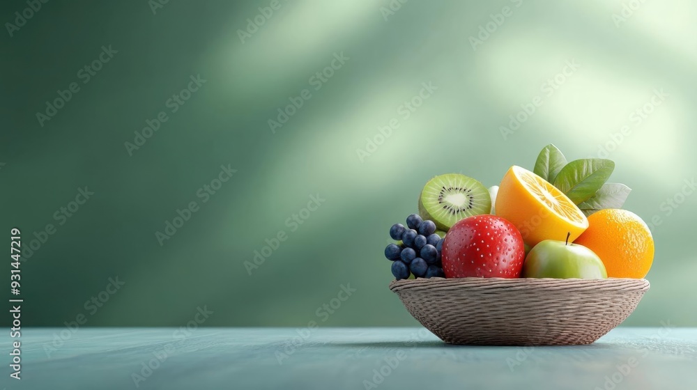 Organic fruits, vibrant and juicy, in a wicker basket, 3D illustration Organic fruits, vibrant and juicy, in a wicker basket, 3D illustration