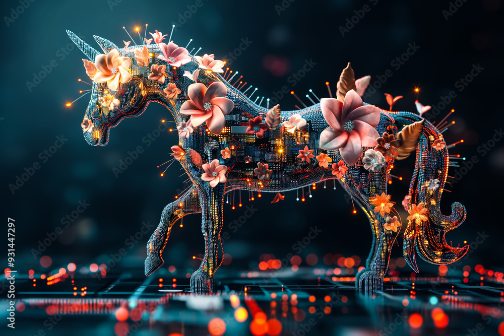 Futuristic unicorn adorned with glowing flowers, blending elements of technology and nature Futuristic unicorn adorned with glowing flowers, blending elements of technology and nature