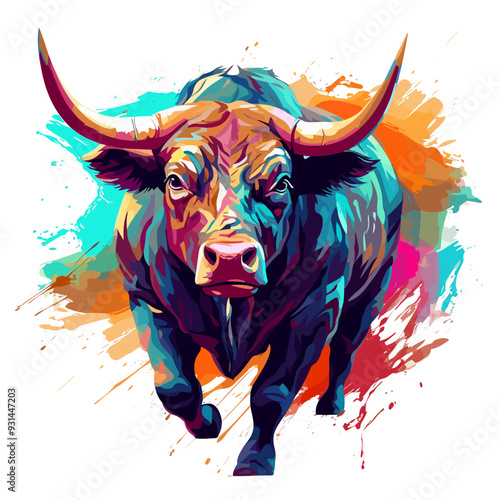 Angry bull vibrant colorful brush style vector illustration for t-shirt or poster printing.