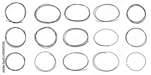 Set of sketches of drawn circular line. A set of ellipse doodles. Sketch ovals, bubbles to circle and highlight text. Pencil or pen graffiti bubble or balloon