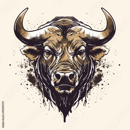 Bull portrait brush style vector illustration with paint splashes, for t-shirt or poster printing.