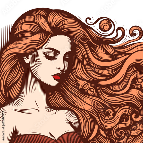 Vector drawing of a woman head with a long hair in style of woodcut engraving