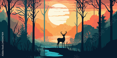 Deer standing on the dreamy forest background during the orange color sunset, vector poster design.