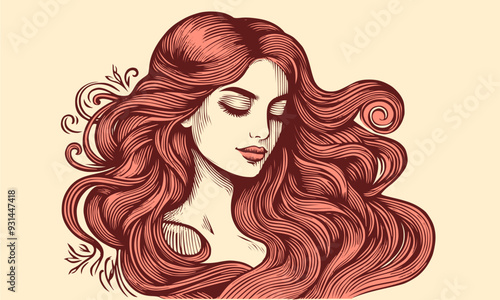 Vector drawing of a woman head with a long hair in style of woodcut engraving