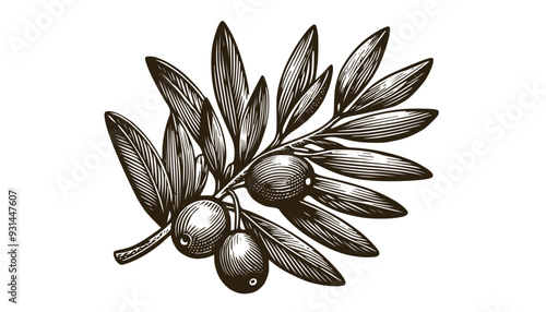 Vector drawing of an olive branch with olives in style of woodcut engraving