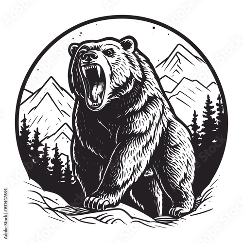 Aggressive grizzly bear on a forest and mountains background. T-shirt print design, wild bear badge vector illustration