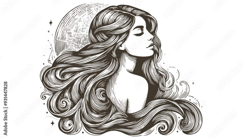 Vector drawing of a woman head with a long hair in style of woodcut engraving Vector drawing of a woman head with a long hair in style of woodcut engraving