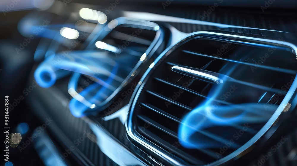 A close-up photograph of a car's air vent with blurred lights in the background, showcasing the vent's metallic design and intricate details.