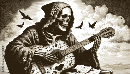 Spooky skeleton in an old torn hooded robe play guitar: vintage woodcut engraved vector illustration