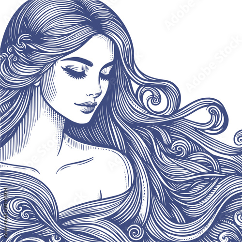 Vector drawing of a woman head with a long hair in style of woodcut engraving