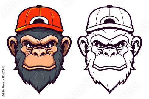 Portrait of the cool chimp with cap, in color and black outline, vector illustration.