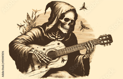 Spooky skeleton in an old torn hooded robe play guitar: vintage woodcut engraved vector illustration