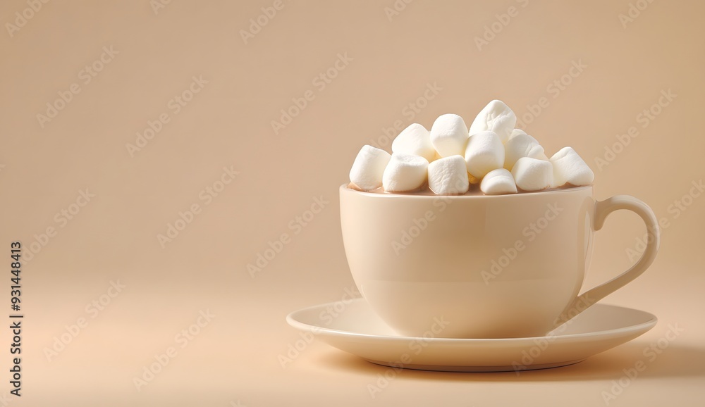 Cup of hot chocolate with marshmallows on beige background, close-up. hot cocoa concept, banner for stock photo or illustration. Cup of hot chocolate with marshmallows on beige background, close-up. hot cocoa concept, banner for stock photo or illustration.