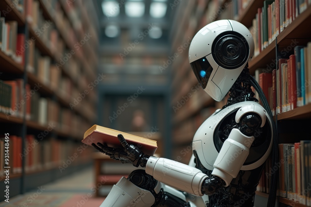 Fototapeta premium A robot reading a book in a library. Generative AI