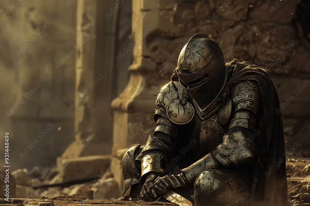 A fantastic royal knight in armor guards the castle chambers A fantastic royal knight in armor guards the castle chambers