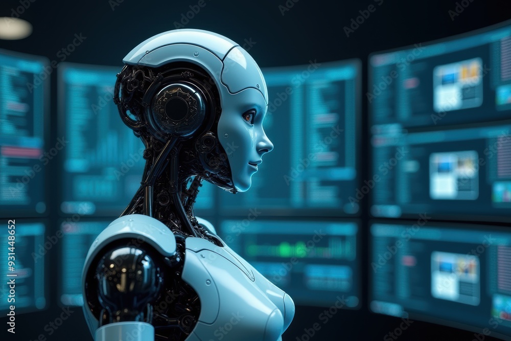 A robot sitting in front of a computer working. Generative AI A robot sitting in front of a computer working. Generative AI
