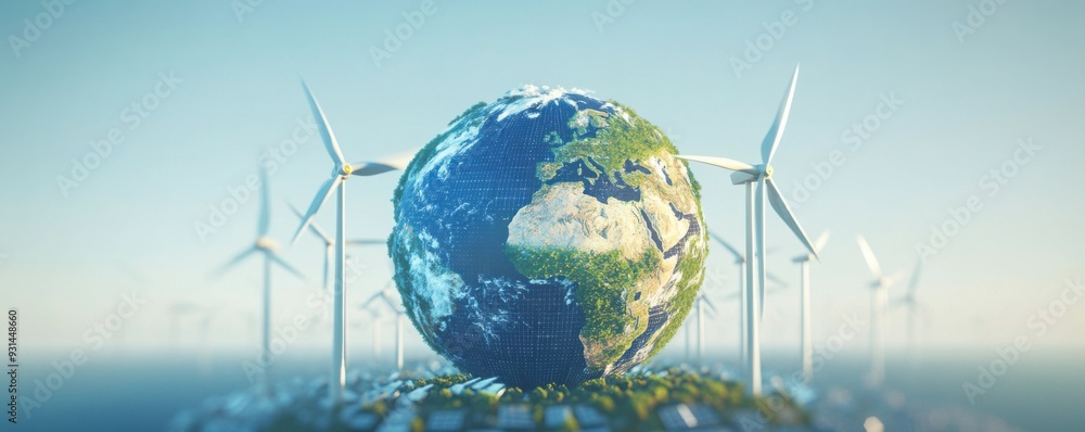 Naklejka premium A vibrant globe surrounded by wind turbines, symbolizing renewable energy and a sustainable future for our planet.