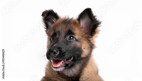 笑顔のベルジアン・シェパード・ドッグ・タービュレンの子犬のポートレート（Portrait of a smiling Belgian Shepherd Dog Tarvuren puppy on white background） 