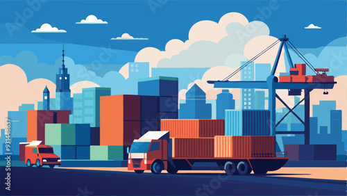 Flat cargo ship in docks. Harbor crane of shipping port loading containers to marine ocean freight vessel boat, worldwide marine industry water transport truck in sea port vector illustration	